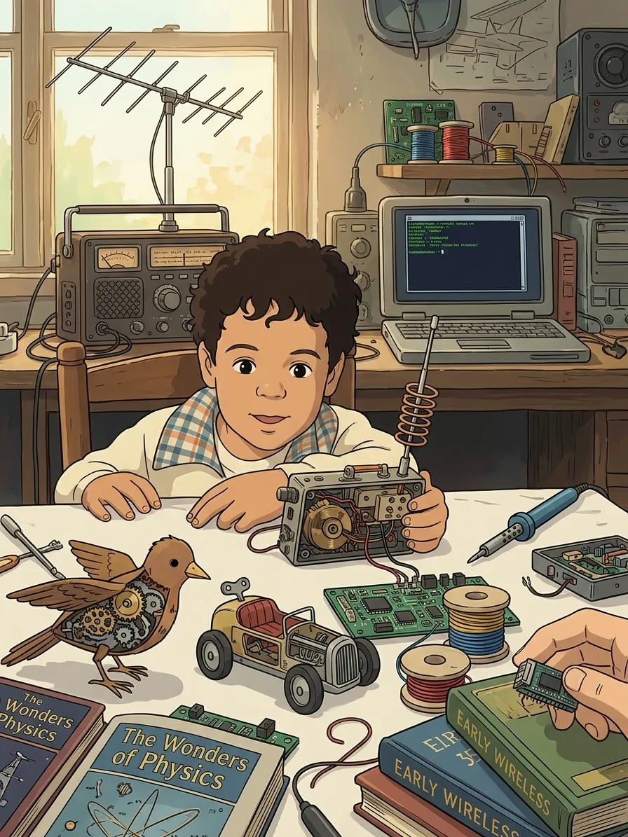 Illustration of a child exploring radios and electronics at a workbench